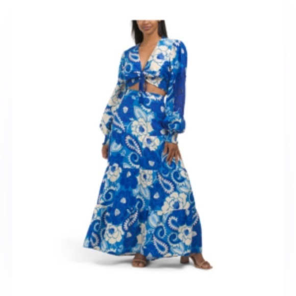 House of Harlow Long Sleeve Repeat Linen Top Tiered Skirt Set Matching flower - Picture 1 of 12